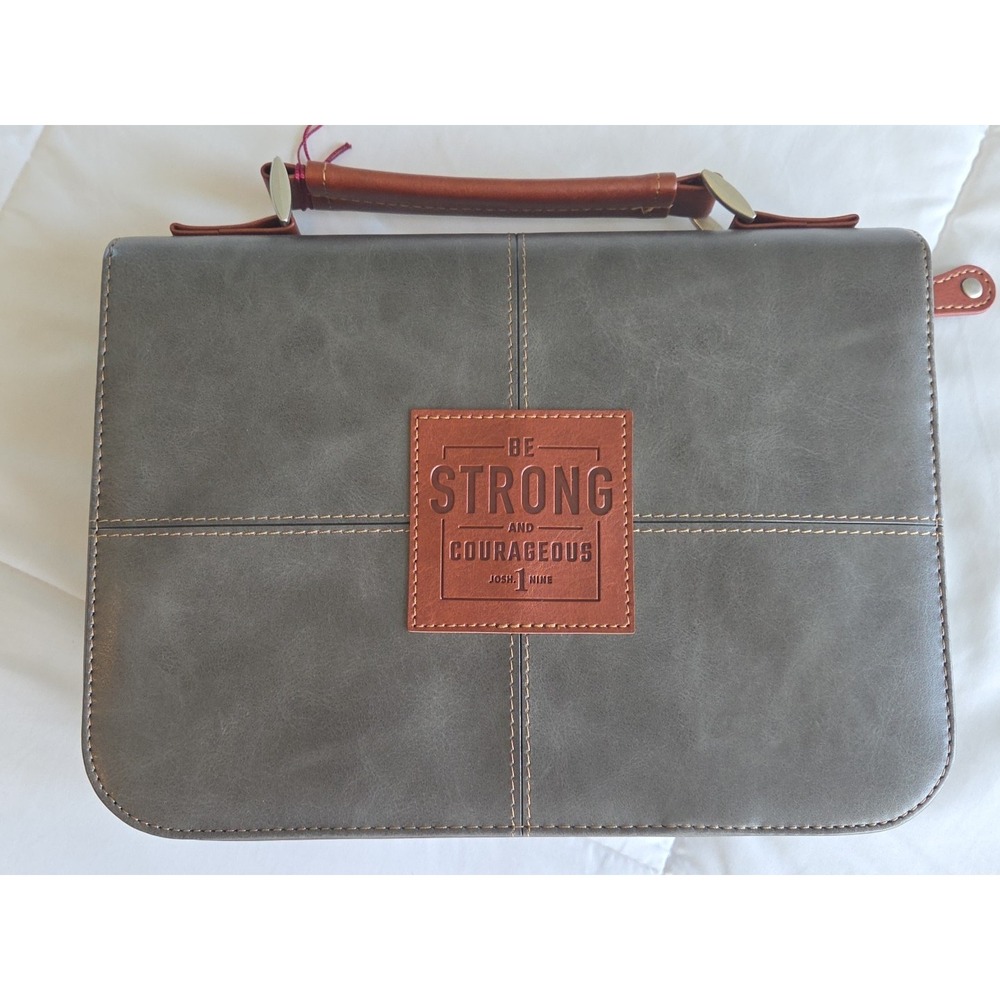 Men's Bible Cover - Be Strong and Courageous, Gray Faux Leather